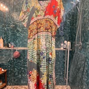 Colorful Floral Patchwork Silk Johnny Was Dress